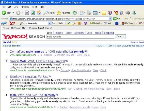 #1 Yahoo - Cliente MoleRemedy.com Di Reno SEO